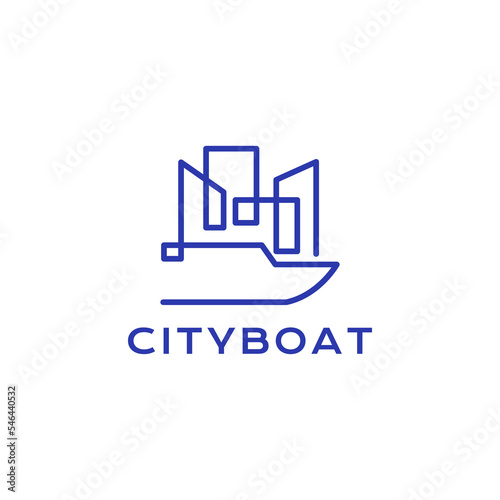 city and boat continuous line art logo design vector