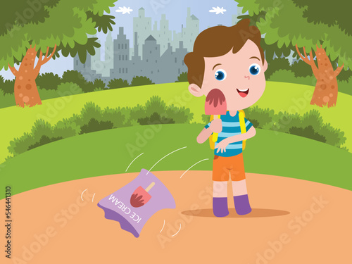 Little boy throwing ice cream wrap or plastic rubbish in the park while eating the ice cream