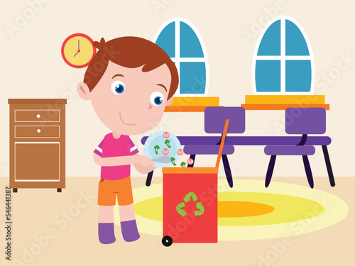 boy put organic trash garbage into recycle bin trash