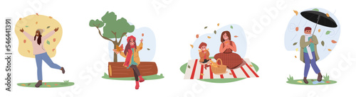 Set of Characters Walk at Autumn Day. Woman walking cheerfully in park. Child sit on trunk and play with Leaves, Mom and daughter picnic at garden. Happy Outdoors Activities. Cartoon Vector illust