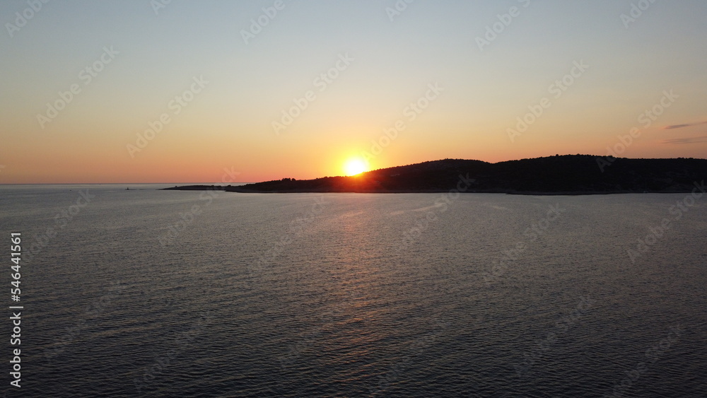 Drone photo of sunset over the sea in Croatia