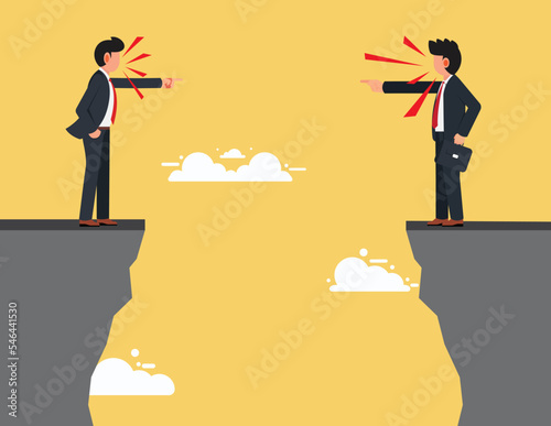 Employee relationship problems in the organization. Two businessmen are arguing while standing on a cliff.