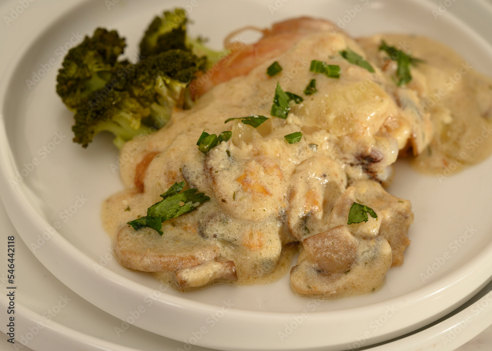 Creamy Chicken Mushroom on white plate. Selective focus. Top View Creamy Chicken Mushroom on white plate. Selective focus. Top View