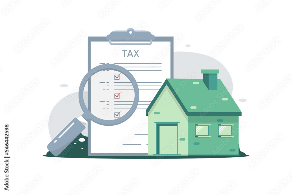 House tax concept, Residential house with tax documents, Vector illustration. - obrazy, fototapety, plakaty 