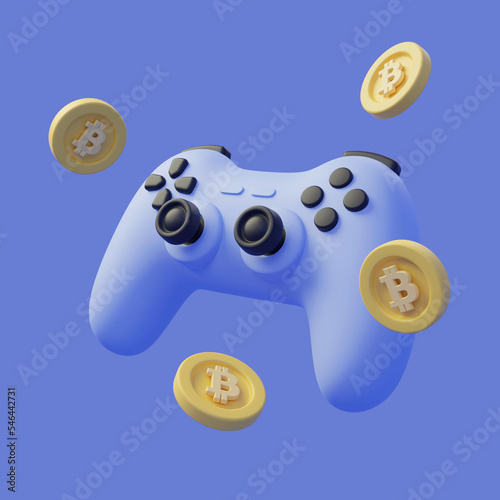 3d gamepad, joystick controller, with floating bitcoins on purple pastel background. Game controllers gamepads, e-sport. 3d render illustration.