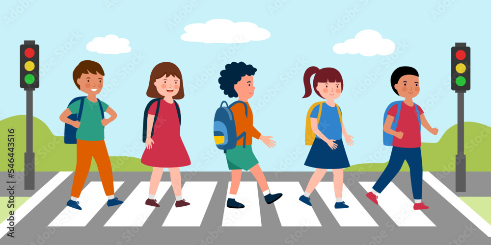 Children students walking at crosswalk in flat design. Children students walking at crosswalk in flat design.