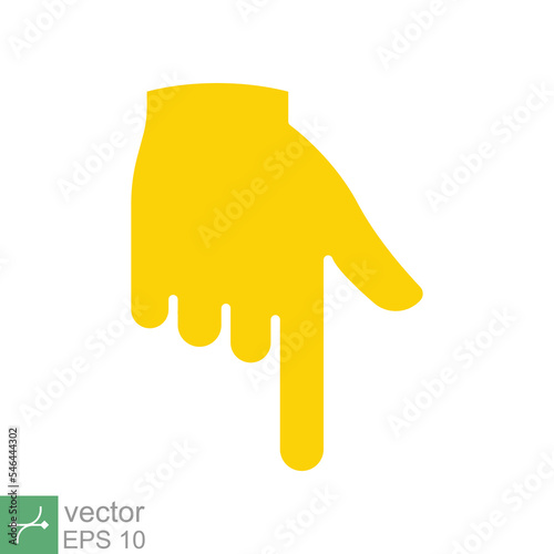 Yellow backhand index pointing down icon. Simple flat style. Hand, down, arrow, finger concept. Vector illustration isolated on white background. EPS 10.