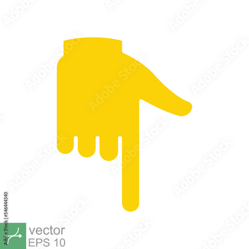 Yellow backhand index pointing down icon. Simple flat style. Hand, down, arrow, finger concept. Vector illustration isolated on white background. EPS 10.