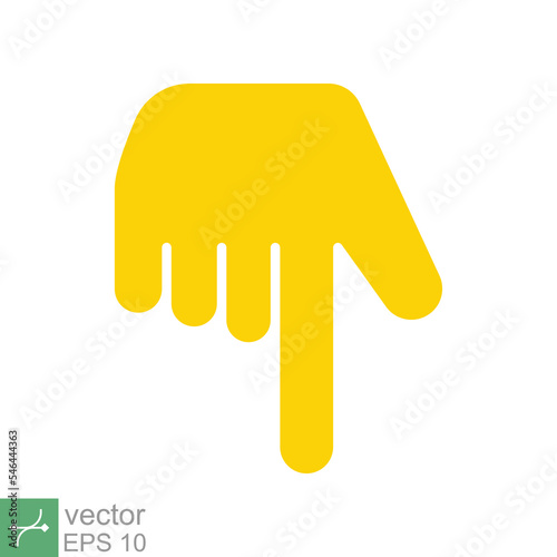 Yellow backhand index pointing down icon. Simple flat style. Hand, down, arrow, finger concept. Vector illustration isolated on white background. EPS 10.
