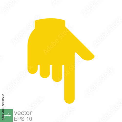 Yellow backhand index pointing down icon. Simple flat style. Hand, down, arrow, finger concept. Vector illustration isolated on white background. EPS 10.