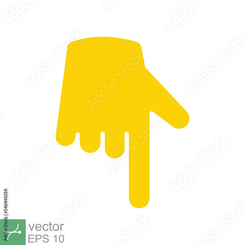 Yellow backhand index pointing down icon. Simple flat style. Hand, down, arrow, finger concept. Vector illustration isolated on white background. EPS 10.