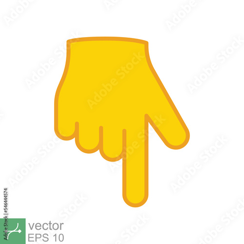Yellow backhand index pointing down icon. Simple filled outline style. Hand, down, arrow, finger concept. Vector illustration isolated on white background. EPS 10.