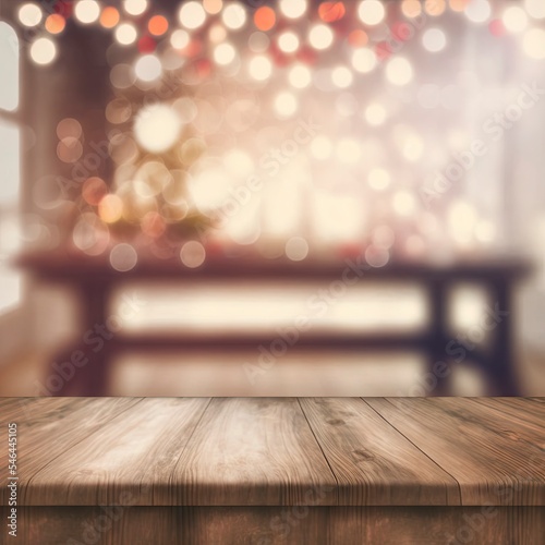 Christmas table blurred lights background, wood desk in focus, xmas wooden plank, blur home room