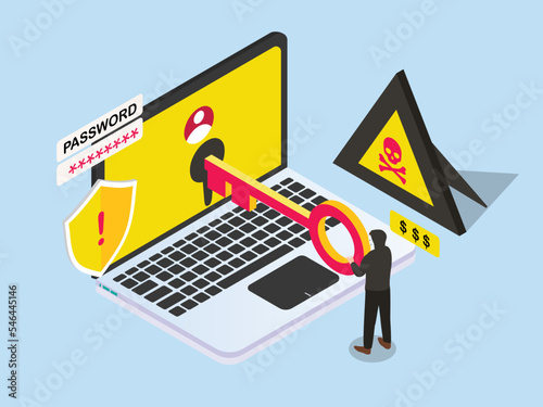 Unknown man or hacker attacking a laptop computer