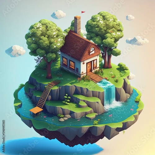 cute isometric island, cottage in the woods, river with water falling off the edge