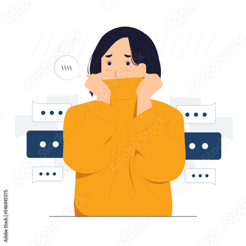 Timid woman hiding behind her shirt covering face with hand and peeking through, embarrassing, feeling sorry, shying concept illustration