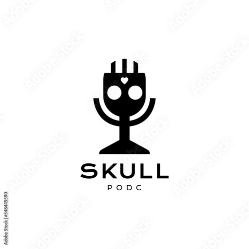 microphone podcast with skull logo design vector