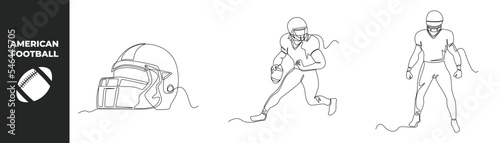 Continuous one line drawing American football set concept. Football helmet sport and American football sportsman player. Single line draw design vector graph.