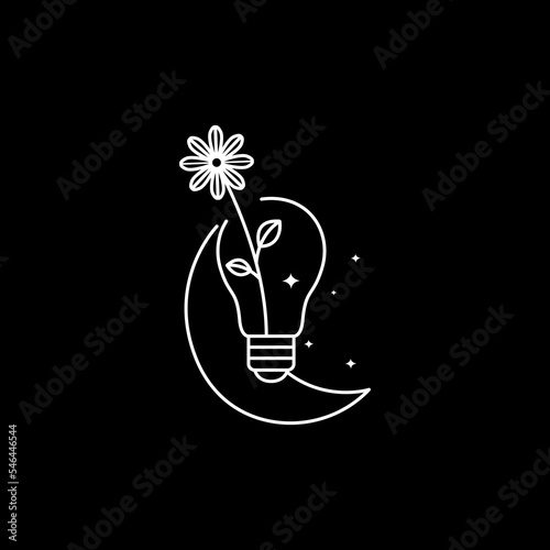 crescent with bulb lamp idea flowers minimalist logo design vector