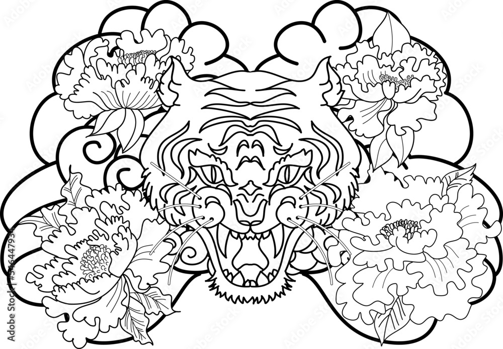 Fototapeta premium black and white Lucky lion tattoo design.Chinese lion statue with iris flower,Chrysanthemum flower and cherry blossom.