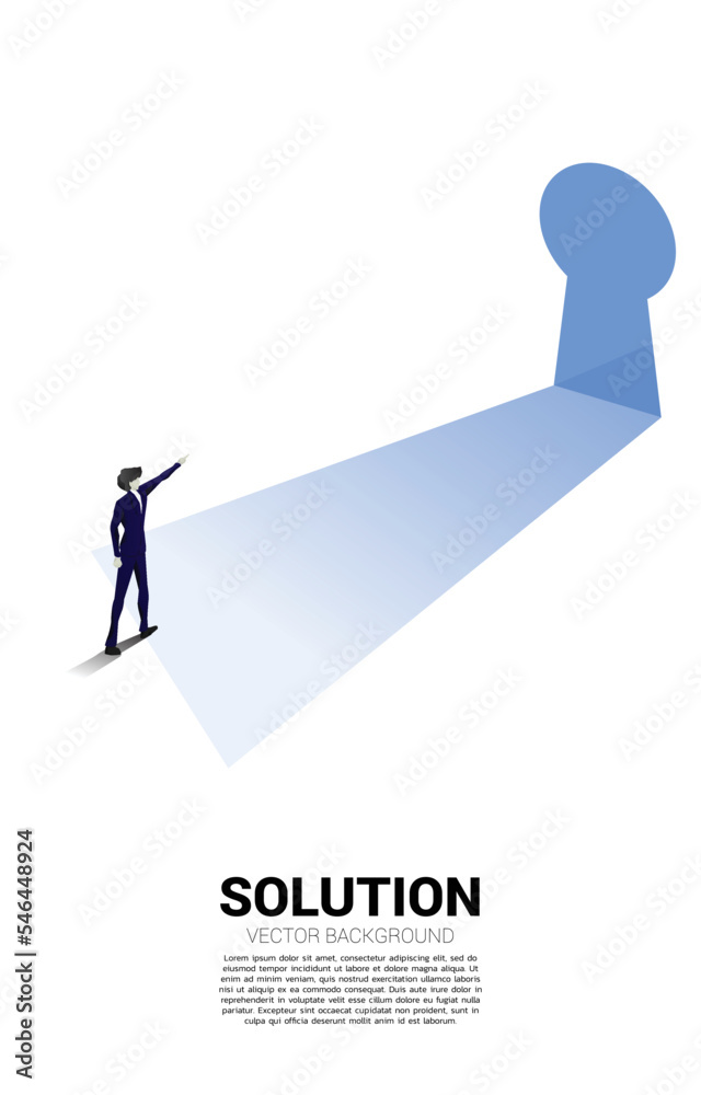 silhouette of businessman point finger to key hole door. Find the solution concept vision mission and goal of business