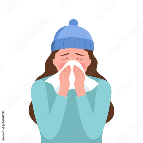 Sneezing woman concept vector illustration on white background. Sick woman sneezing in handkerchief during winter. Season allergy.