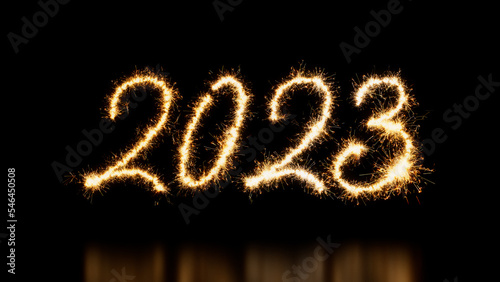 New Year Banner with 2023 Text on Black. Gold Sparkler Firework Caption. photo