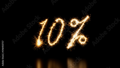 10% Caption written in Sparkler Firework Text. Gold and Black Promo Banner. photo