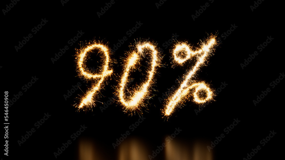 Gold Sparkler Firework Text with 90% Caption on Black. Promo Banner. Gold Sparkler Firework Text with 90% Caption on Black. Promo Banner.
