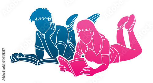 Youth Reading Books Together Cartoon Education Graphic Vector