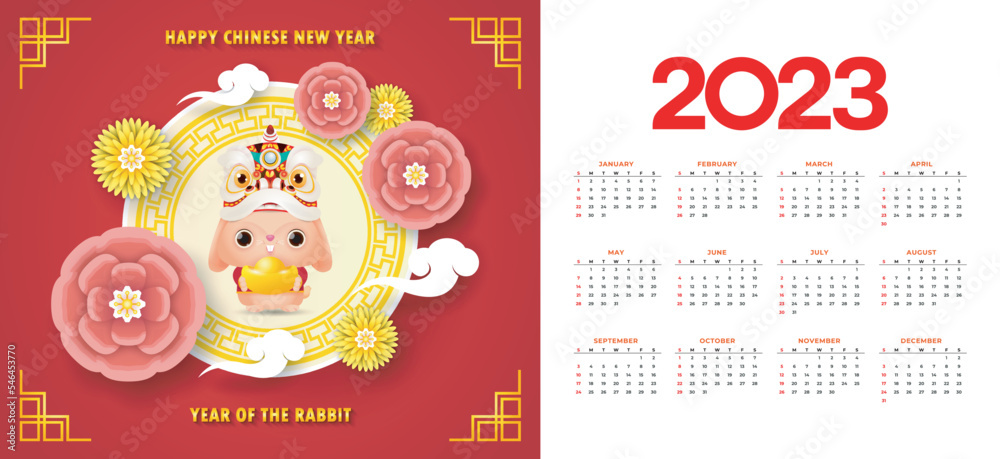 Happy Chinese new year 2023 calendar greeting card year of the rabbit zodiac, bunny glod ingot gong xi fa cai, Cartoon background vecor illustration, Translation text happy new year