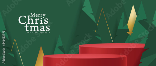 Christmas banner with red product display and Christmas tree abstract background