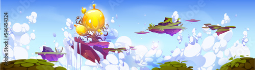 Fantasy islands with magic tree floating in sky. Cartoon illustration of adventure game platforms. Landscape with pieces of land covered with green grass, fantastic plants, waterfalls flying in clouds