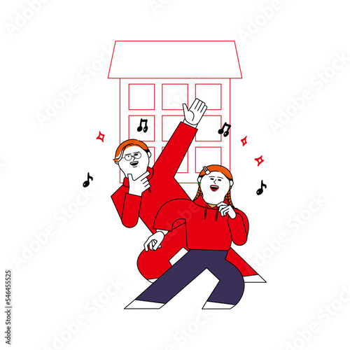 シンプルな家と踊る男女