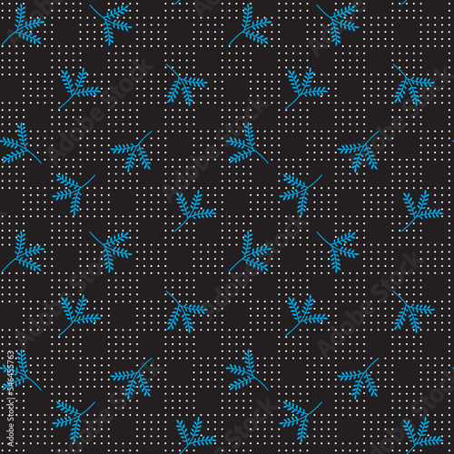 small leaves with round dot square tile seamless pattern on black background, vector repeat seamless pattern textile design 