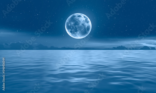 Night sky with moon in the clouds dark sea in the background  Elements of this image furnished by NASA 
