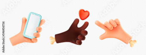 3d render hand gestures, black and white palms with bones hold smartphone, pointing with finger, holding red heart. Isolated human gesticulation elements, vector illustration in cartoon plastic style