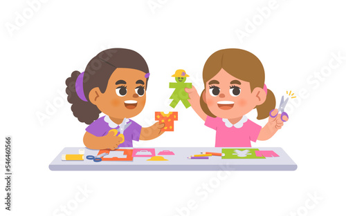 a black girl and a white girl doing the paper cut with imagination like a paper doll in art class on the table, illustration cartoon character vector design on white background. kid and education.