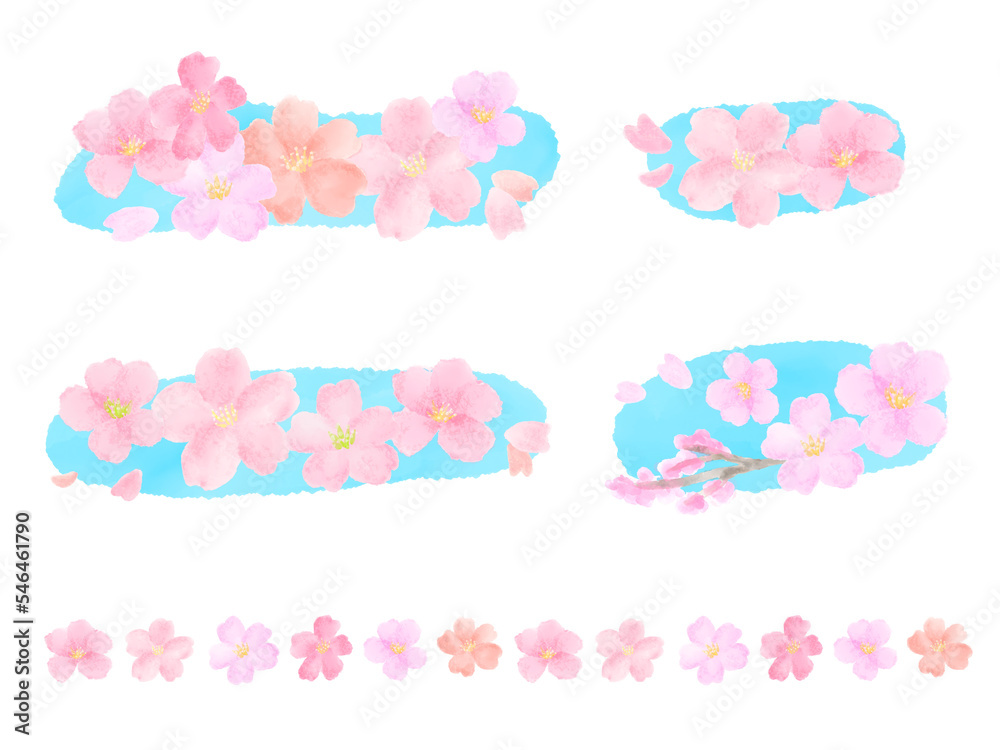 Cherry blossoms(sakura) and petals that shine in the sky blue Cute and simple hand drawn watercolor illustration set / 空色に映える桜と花びらのあしらい かわいくてシンプルな手描き水彩イラストセット