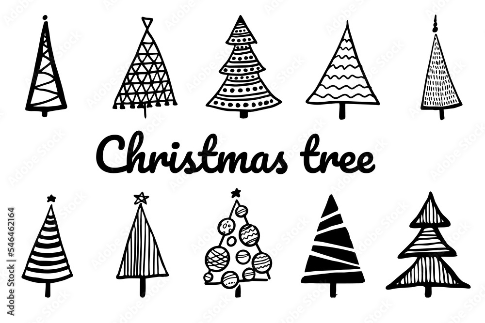 Decorative simple christmas tree set. Vector christmas tree icon collection. Vector holiday xmas tree fir silhouette. Vintage new year tree illustration for invitation, card design Decorative simple christmas tree set. Vector christmas tree icon collection. Vector holiday xmas tree fir silhouette. Vintage new year tree illustration for invitation, card design
