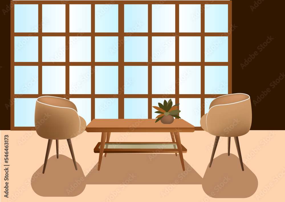 Living room interior. Two armchairs and a table. A cozy place to read, relax or reflect. Set of vector furniture and flowers. Flat style. Graphic design template. Living room interior. Two armchairs and a table. A cozy place to read, relax or reflect. Set of vector furniture and flowers. Flat style. Graphic design template.