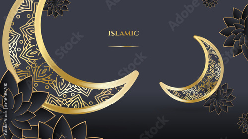 Luxury black and gold ramadan kareem background. Realistic 3d vector illustration with mosque and moon, place for text greeting card and banner.