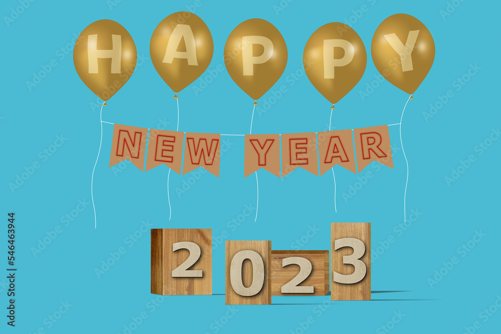 3D illustration New Year concept 2023 design with text on the wooden box and balloons on a blue atoll color background.