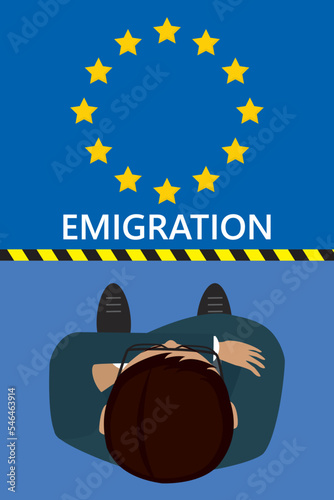 Businessman or worker man stands in front of border line and thinks about migration to European Union. Emigration, escape from war, social problems, poverty. Relocation in EU. Top view.