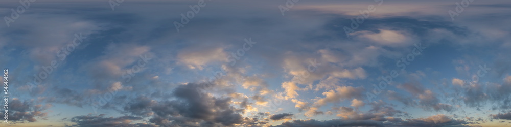 Dark blue sunset sky panorama with Cumulus clouds. Seamless hdr pano in spherical equirectangular format. Complete zenith for 3D visualization, game and sky replacement for aerial drone 360 panoramas.