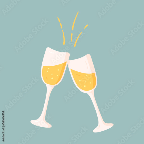 Two glasses of champagne with bubbles in cartoon style. Toast and cheers. Vector illustration isolated on white background