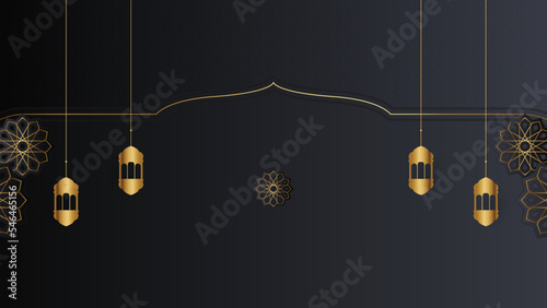 Ramadan Kareem vector card with 3d golden metal crescent and stars. Arabic style arch in black color with traditional pattern. Copy space.