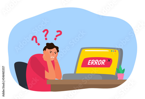 sitting annoyed man using  laptop system  error message on screen vector illustration