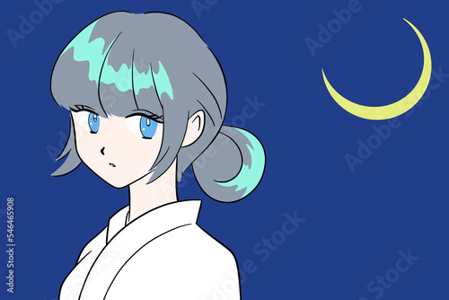 woman in kimono illustration crescent moon