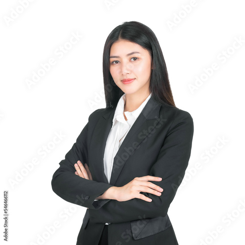 portrait of a business woman , beautiful Asian cute girl whit suit standing arms crossed isolated on white background with copy space , business people concept.